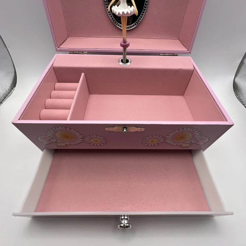 Ballerina Music Jewelry Box Pink Interior Floral Design with Drawer Collectible